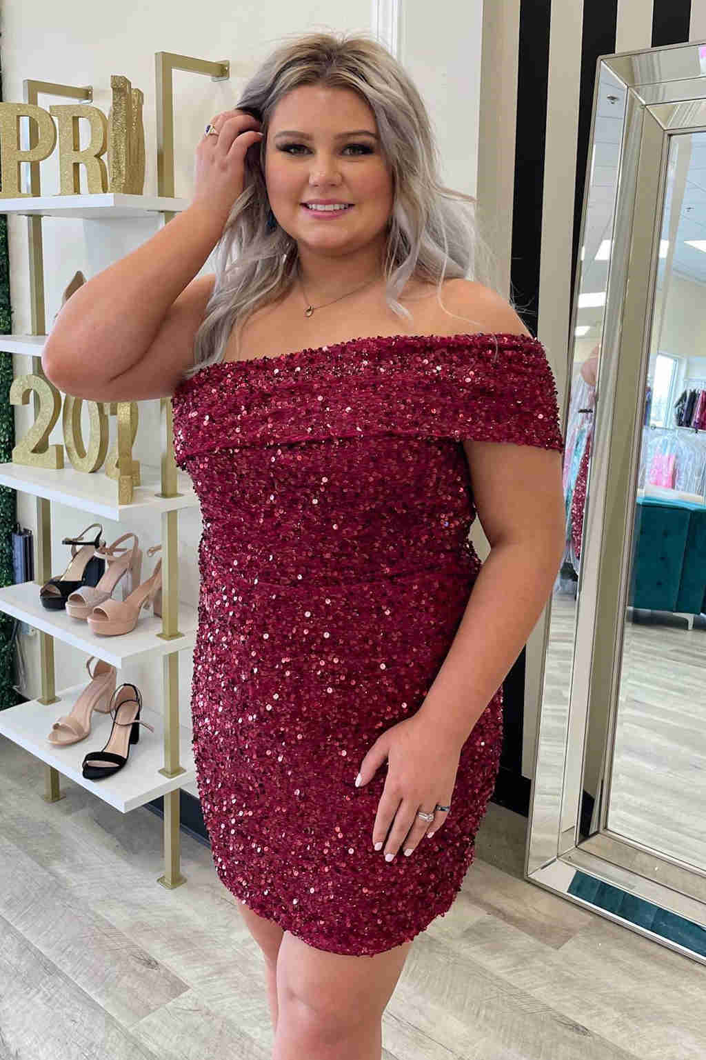 Off the Shoulder Burgundy Mermaid Short Sequin Homecoming Dress