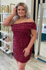 Off the Shoulder Burgundy Mermaid Short Sequin Homecoming Dress
