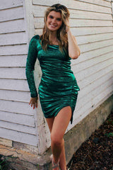 Gliter Mermaid One Shoulder Dark Green Homecoming Dress with Sleeves