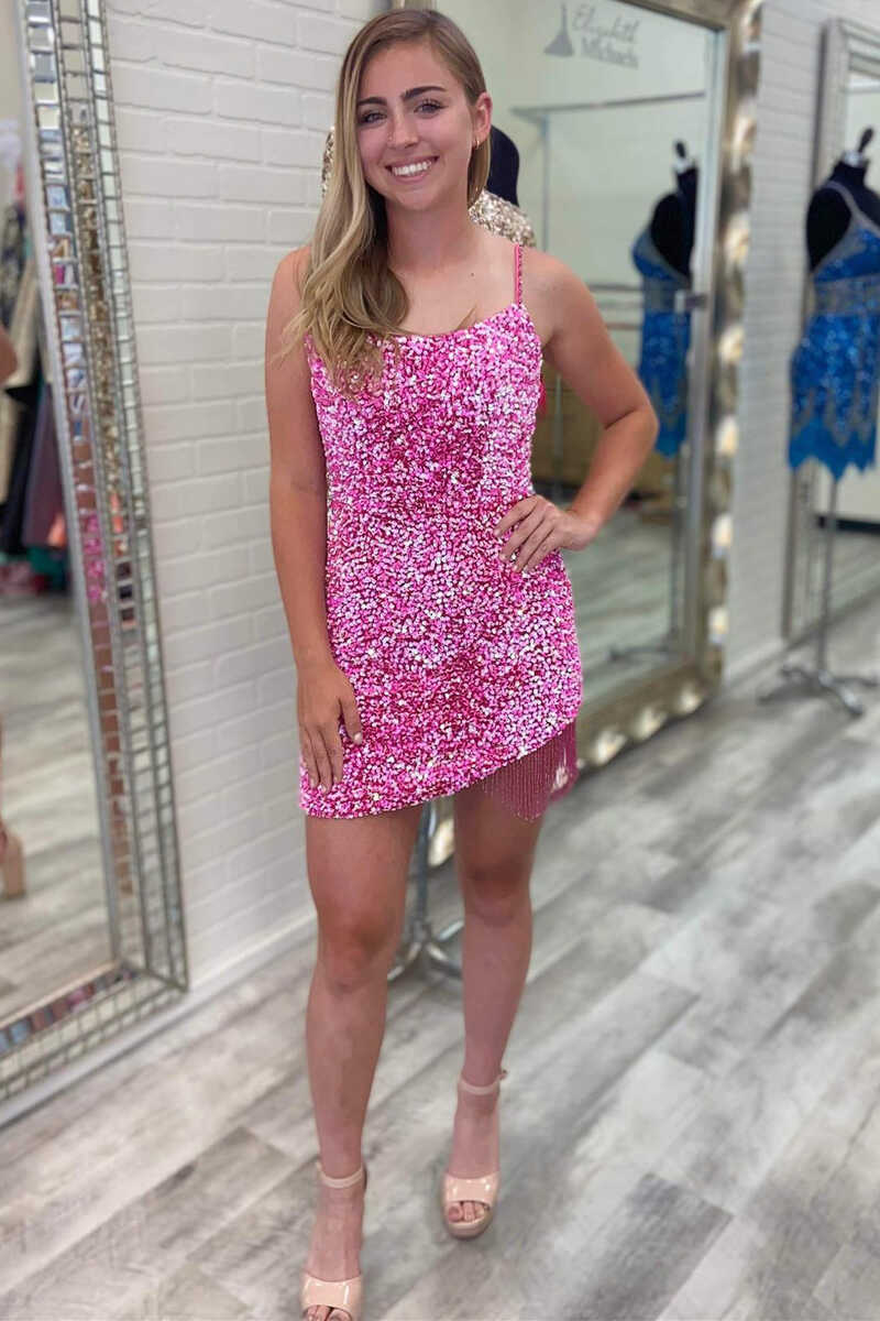 Dark Navy Mermaid Short Sequined Open Back Homecoming Dress with Tassel