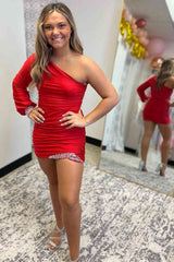 Red Long Sleeves Mermaid Beaded Short Homecoming Dress