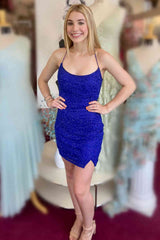 Royal Blue Short Mermaid Beaded Open Back Homecoming Dress