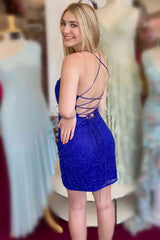 Royal Blue Short Mermaid Beaded Open Back Homecoming Dress