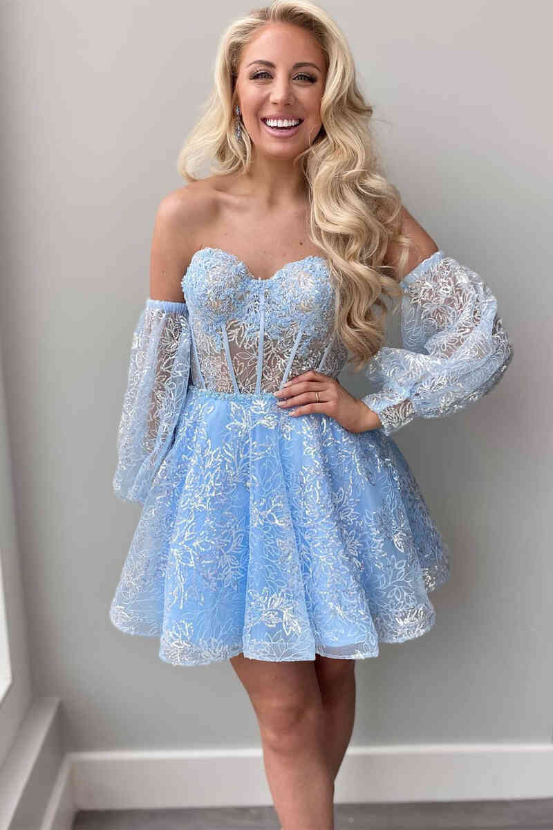 Sweetheart A-line Lace Short Homecoming Dress with Sleeves