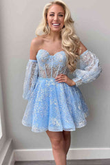 Sweetheart A-line Lace Short Homecoming Dress with Sleeves
