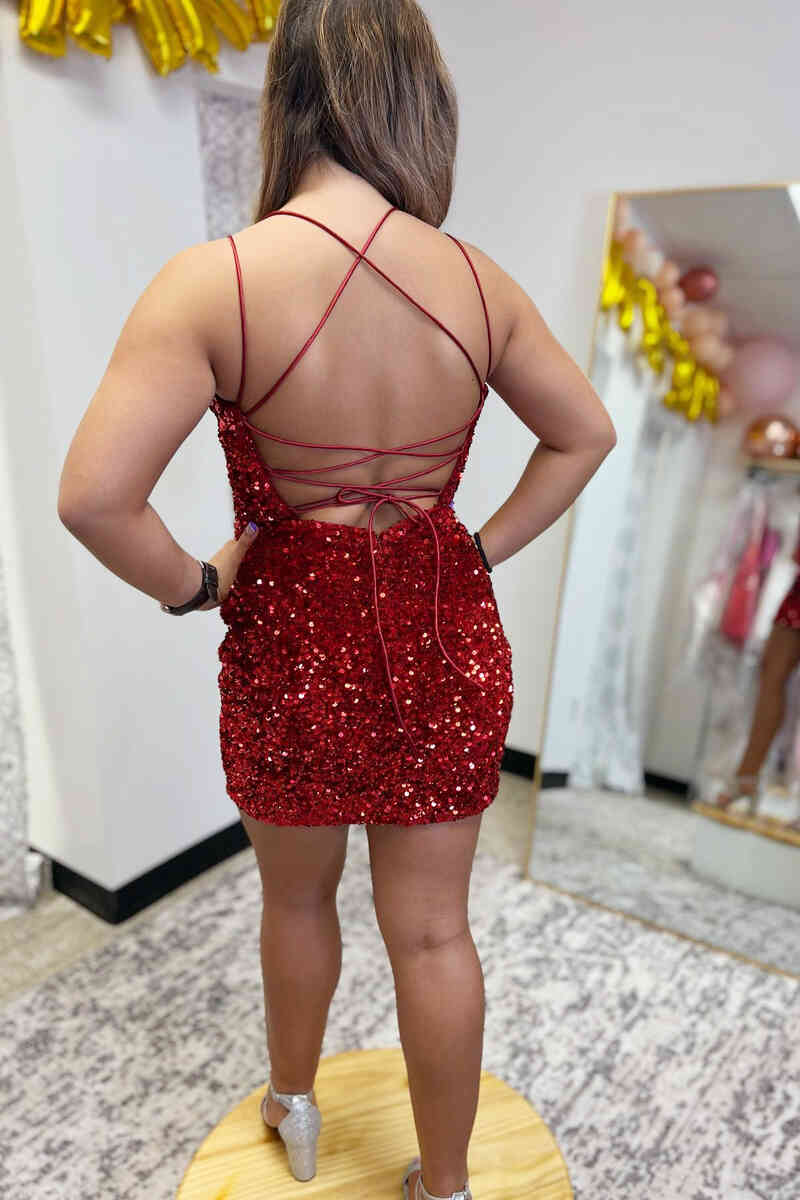 Short Mermaid Tie Back Burgundy Sequins Backless Homecoming Dress