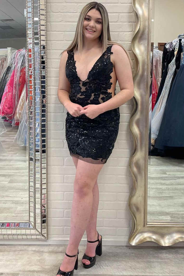V-Neck Black Sequined Short Lace Open Back Homecoming Dress