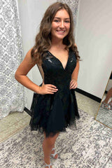 V-Neck Black A-line Sequin Appliques Lace Short Party Dress