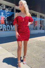 Off the Shoulder Red Mermaid Sequin Short Homecoming Dress