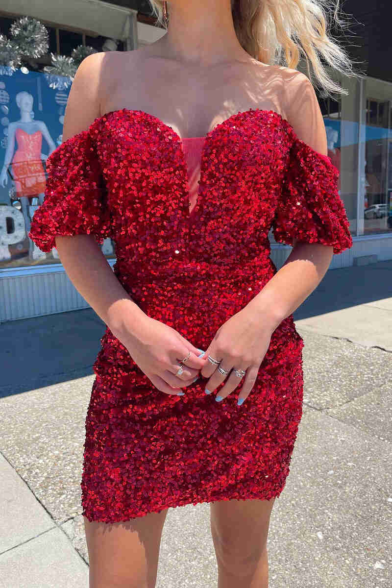 Off the Shoulder Red Mermaid Sequin Short Homecoming Dress