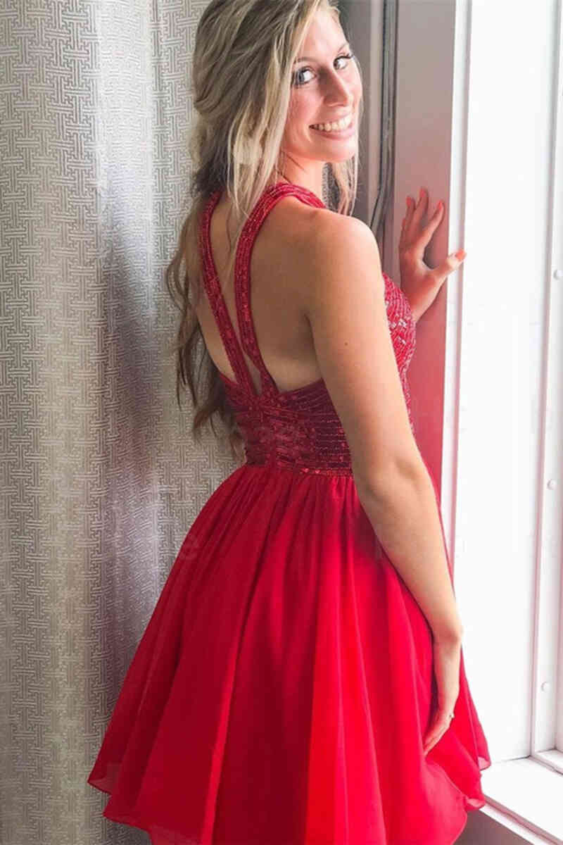 Short A-line Tulle Red Sequined Homecoming Dress with Pockets