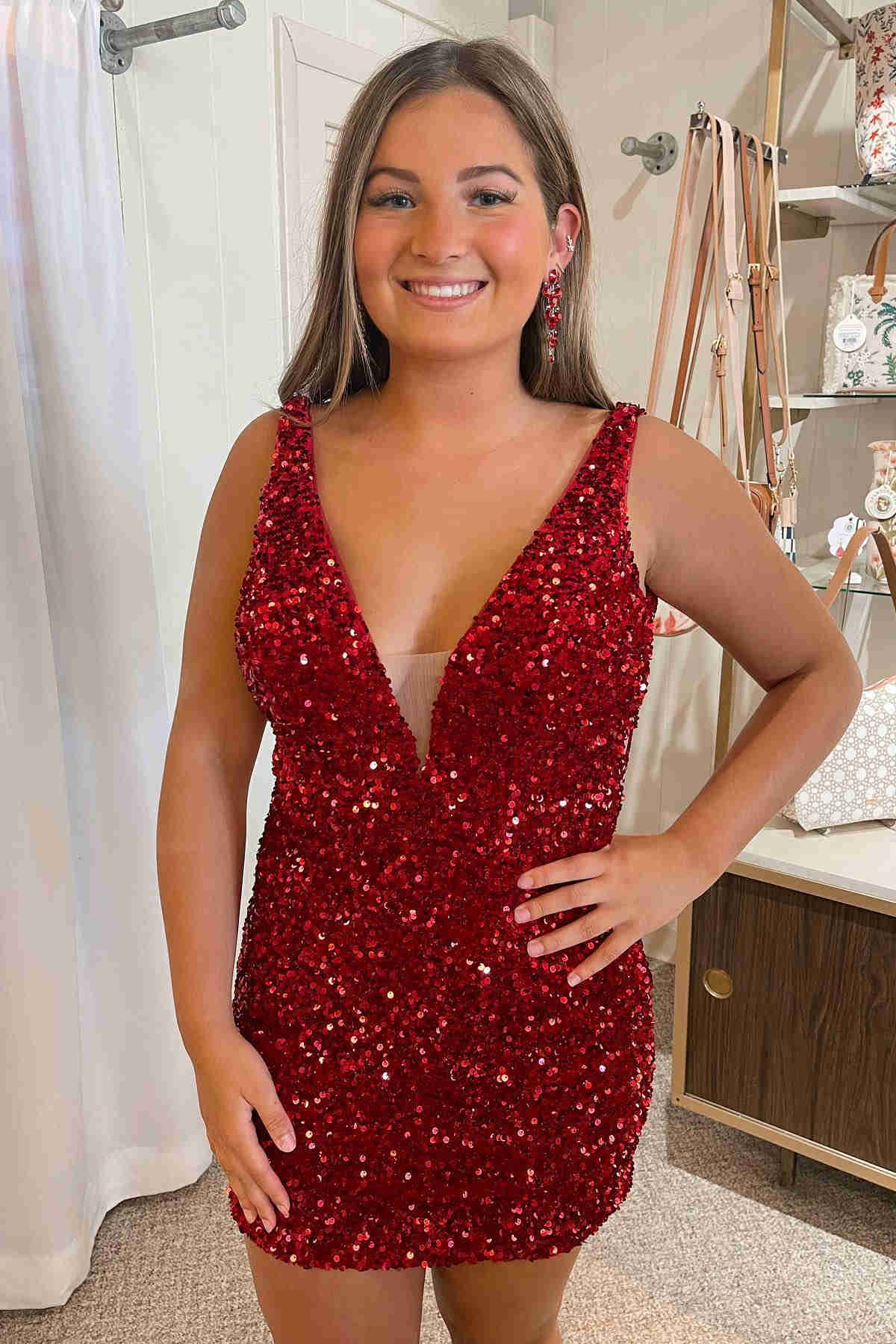 Mermaid V-Neck Black Sequins Short Backless Homecoming Dress