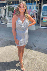 Short Mermaid Cowl Neck Grey Beaded Open Back Homecoming Dress