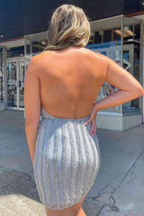 Short Mermaid Cowl Neck Grey Beaded Open Back Homecoming Dress