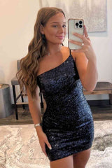 Open Back Mermaid One Shoulder Sequins Short Homecoming Dress