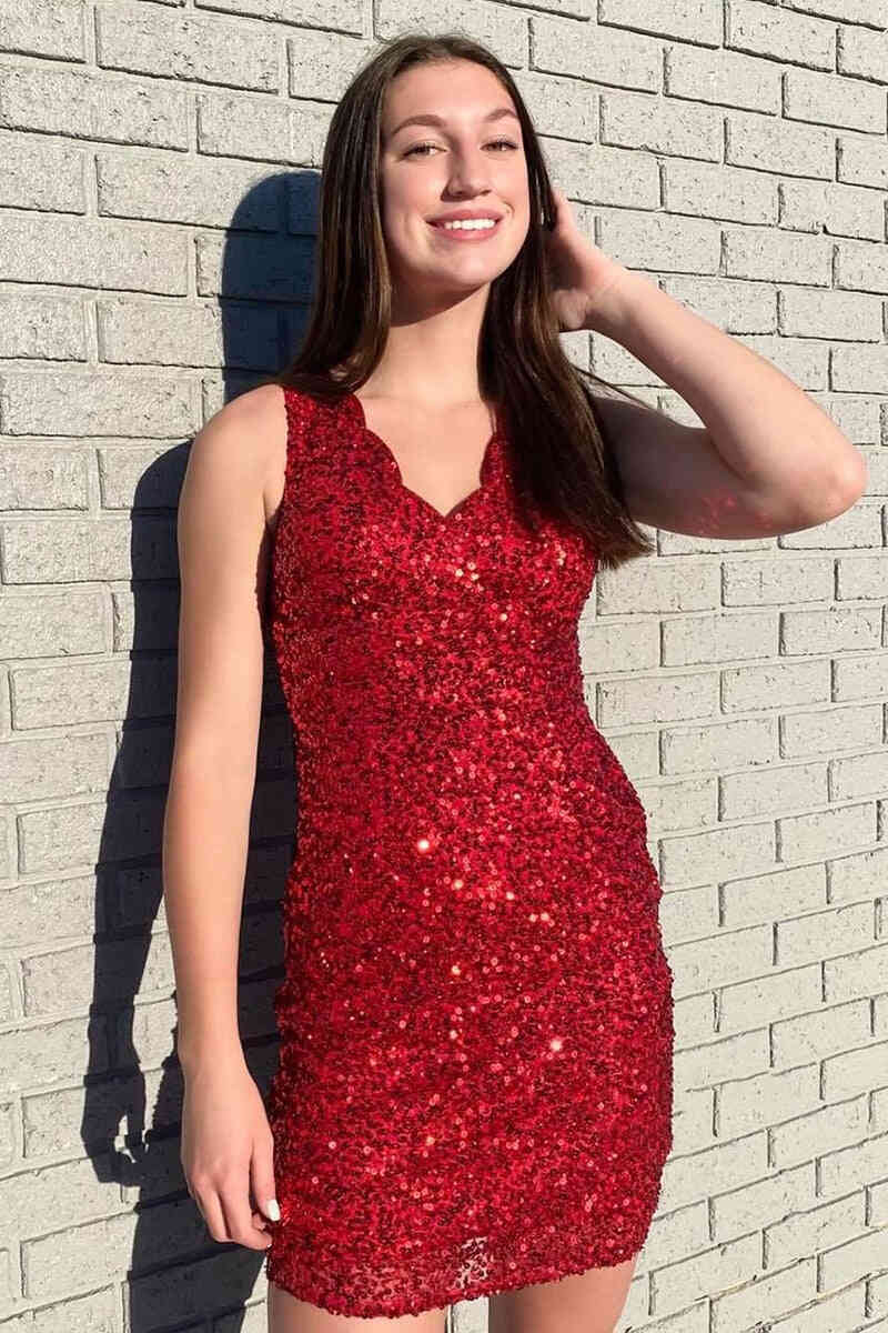 Red Mermaid V-neck Sequins Short Homecoming Dress