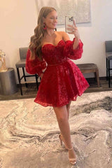 Short Sequin Sweetheart Red A-Line Homecoming Dress with Removable Sleeves