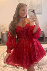 Short Sequin Sweetheart Red A-Line Homecoming Dress with Removable Sleeves