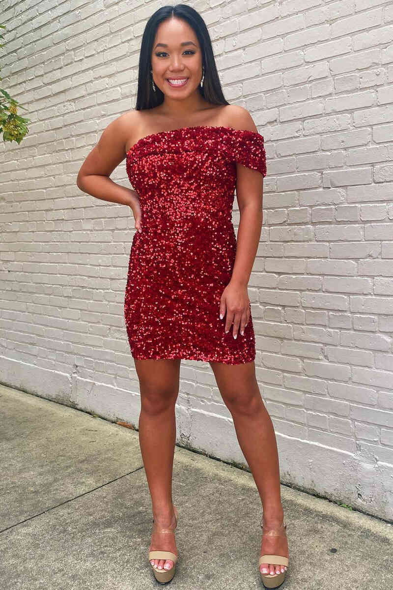 One Shoulder Burgundy Sequins Mermaid Short Homecoming Dress