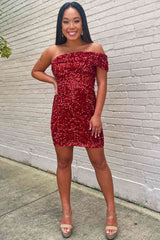 One Shoulder Burgundy Sequins Mermaid Short Homecoming Dress