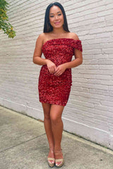 One Shoulder Burgundy Sequins Mermaid Short Homecoming Dress