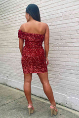 One Shoulder Burgundy Sequins Mermaid Short Homecoming Dress