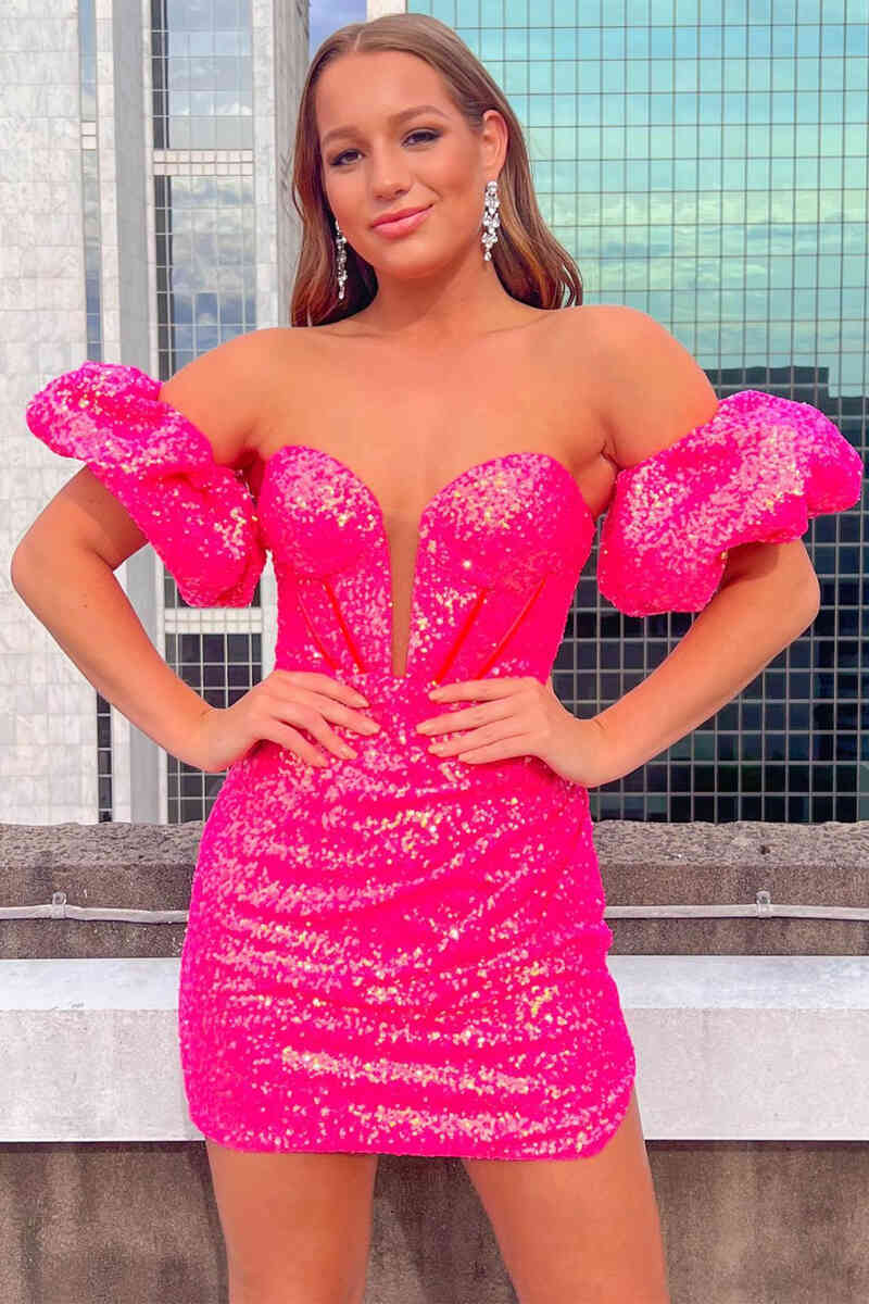 Sweetheart Puff Sleeves Short Sequin Mermaid Homecoming Dress