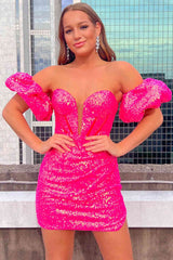 Sweetheart Puff Sleeves Short Sequin Mermaid Homecoming Dress