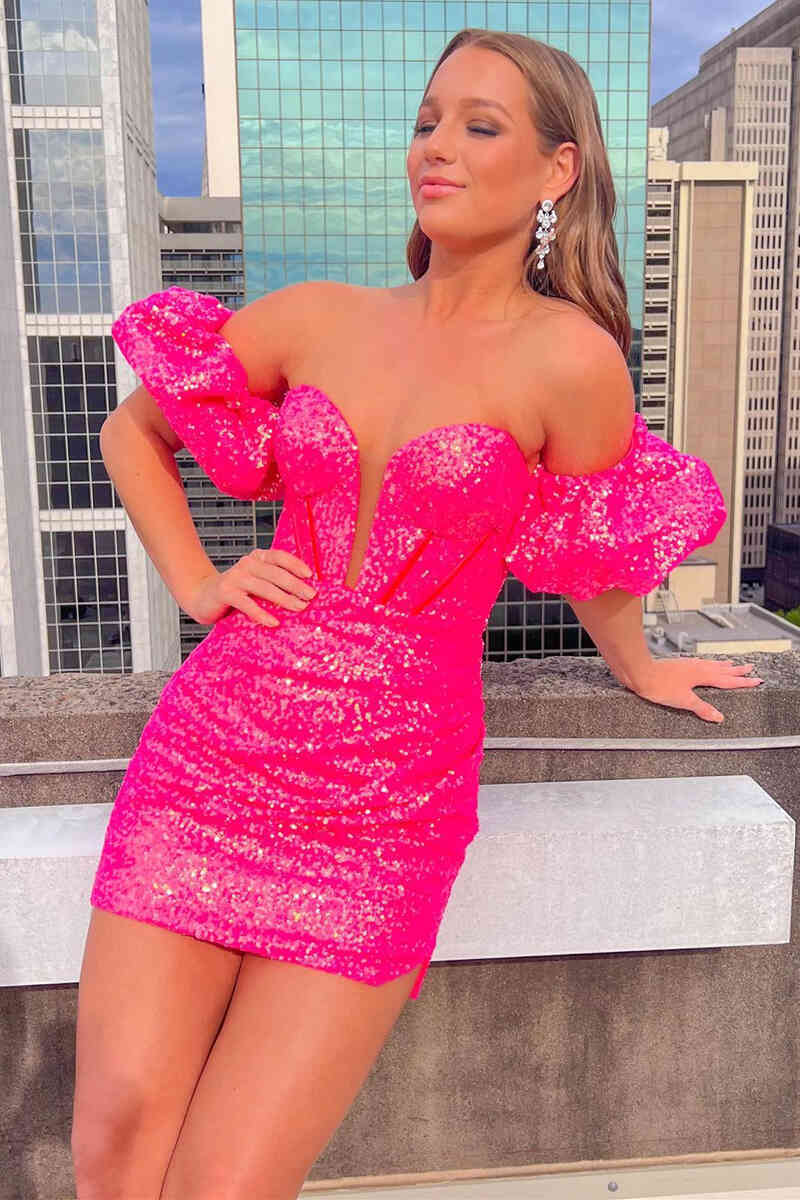 Sweetheart Puff Sleeves Short Sequin Mermaid Homecoming Dress