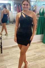Black Mermaid One Shoulder Backless Homecoming Dress