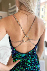 V-Neck Dark Green Sequins Short Open Back Homecoming Dress