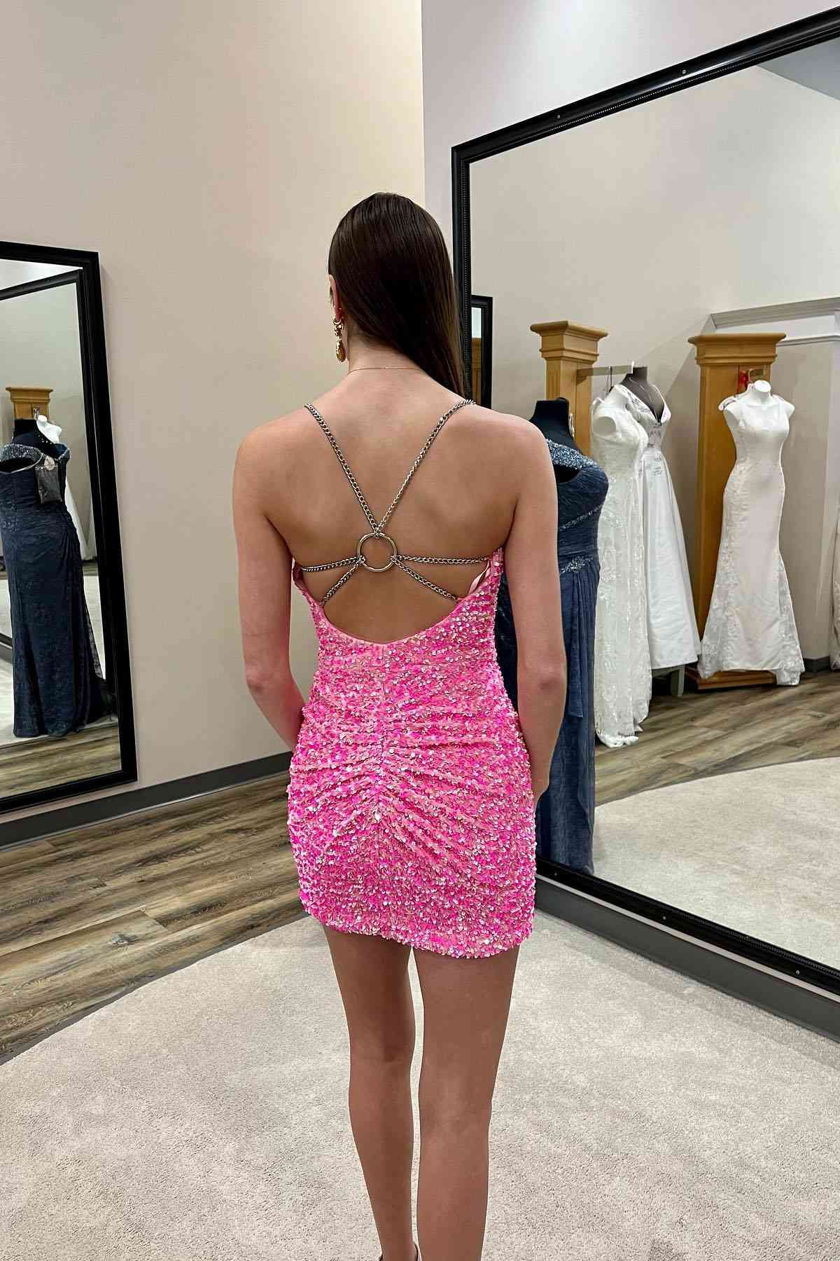 V-Neck Dark Green Sequins Short Open Back Homecoming Dress