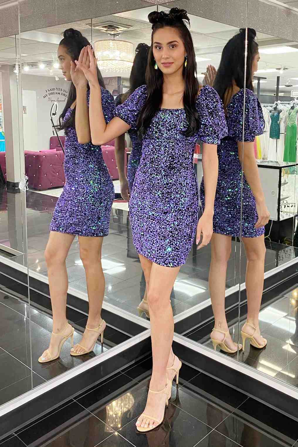 Short Sleeves Mermaid Square Neck Sequin Homecoming Dress