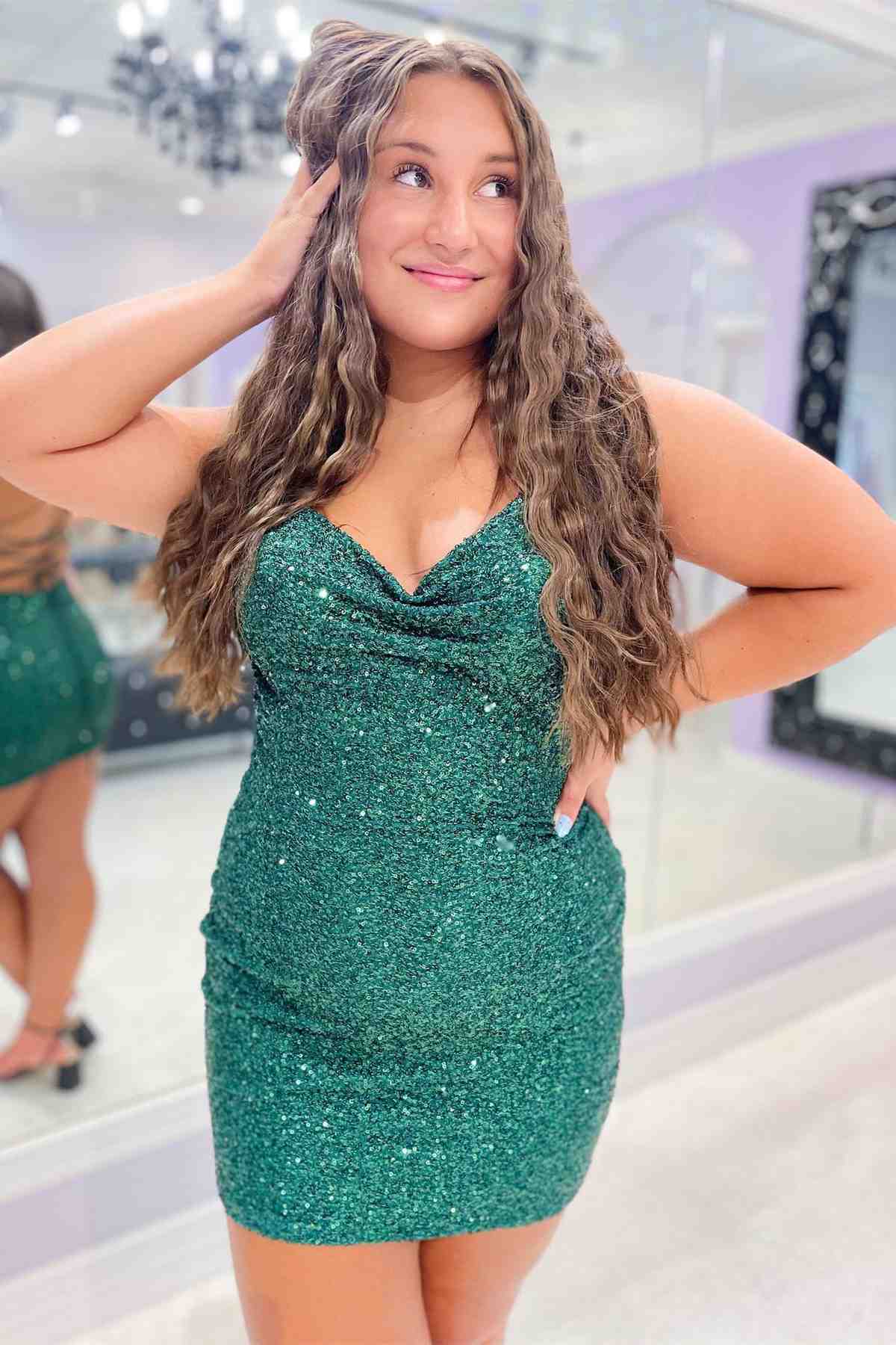 Dark Green Mermaid Cowl Neck Short Open Back Homecoming Dress