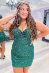 Dark Green Mermaid Cowl Neck Short Open Back Homecoming Dress