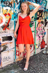 Straps Red A-line Cowl Neck Short Open Back Party Dress