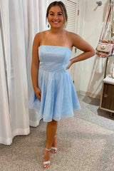 Strapless Sky Blue A-Line Short Party Dress
