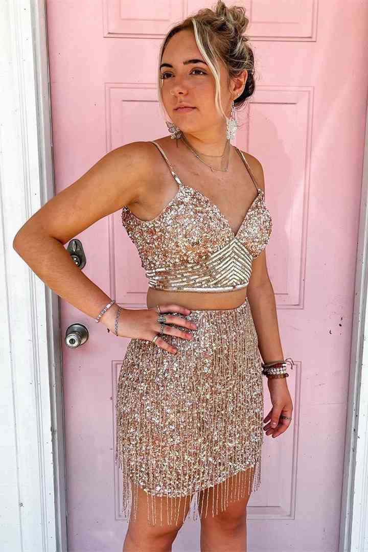 Two Piece Sequined Mermaid Sweetheart Homecoming Dress with Fringes