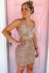 Two Piece Sequined Mermaid Sweetheart Homecoming Dress with Fringes