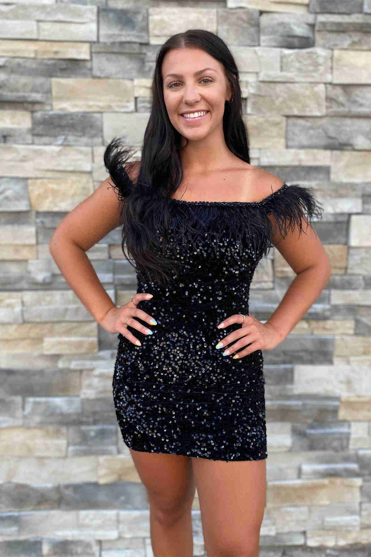 Short Mermaid Sequin Off the Shoulder Feather Homecoming Dress