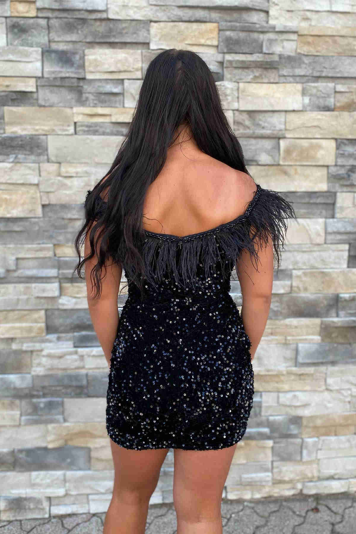 Short Mermaid Sequin Off the Shoulder Feather Homecoming Dress
