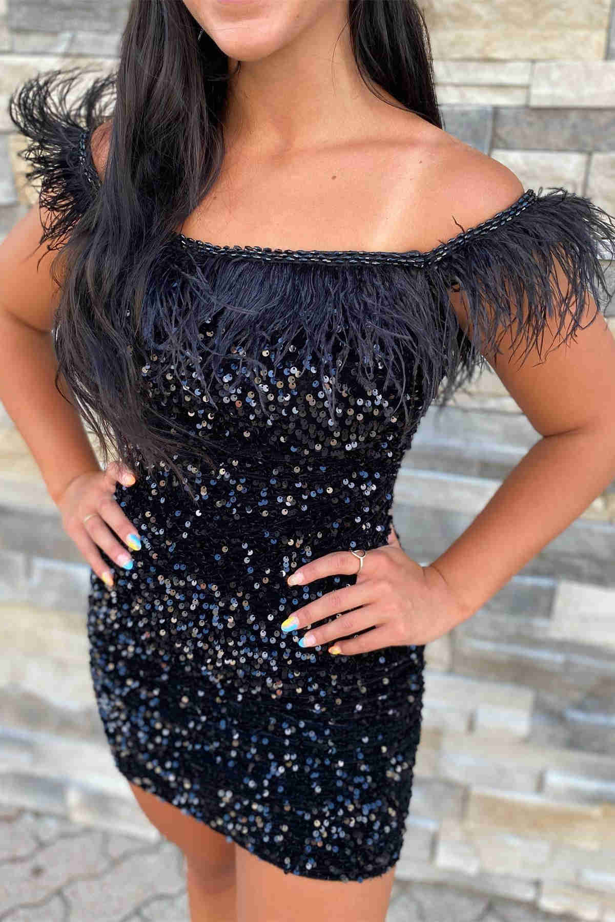 Short Mermaid Sequin Off the Shoulder Feather Homecoming Dress