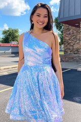 A-Line One Shoulder Sequined Short Homecoming Dress with Pockets