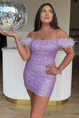 Short Mermaid Feather Off the Shoulder Sequins Mini Homecoming Dress