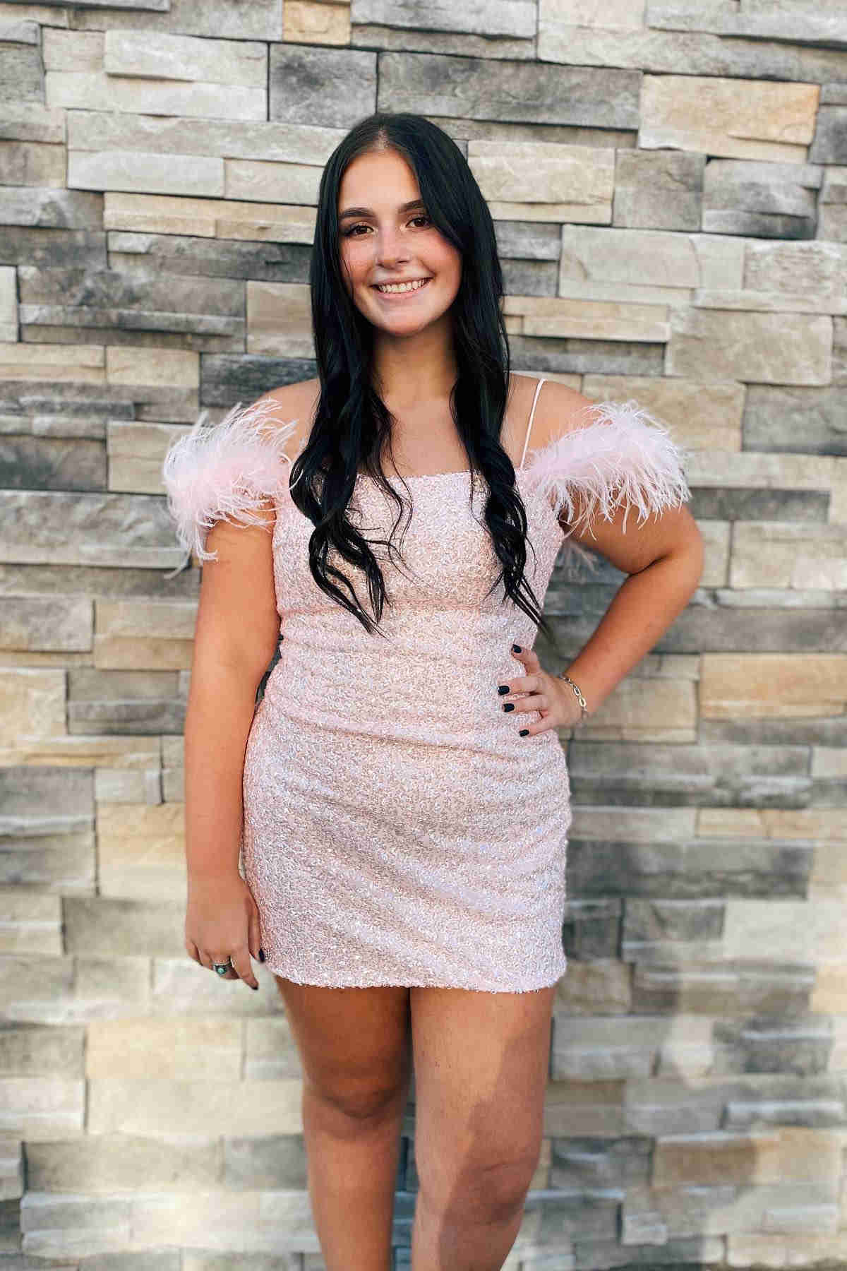 Short Mermaid Feather Off the Shoulder Sequins Mini Homecoming Dress