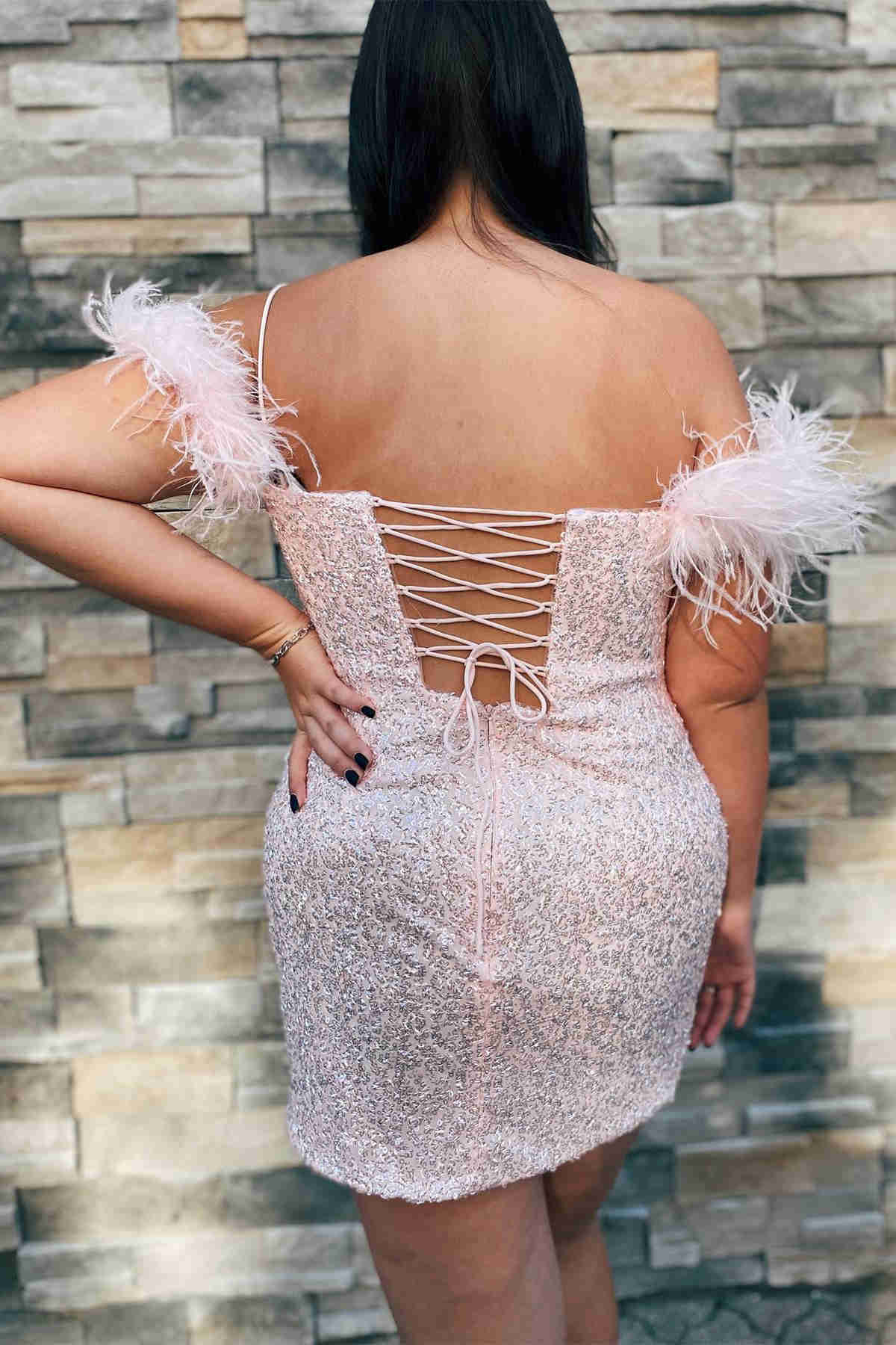 Short Mermaid Feather Off the Shoulder Sequins Mini Homecoming Dress