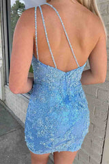 Short Sky Blue One Shoulder Mermaid Homecoming Dress