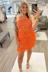 One Shoulder Sequined Orange Short Homecoming Dress with Ferather