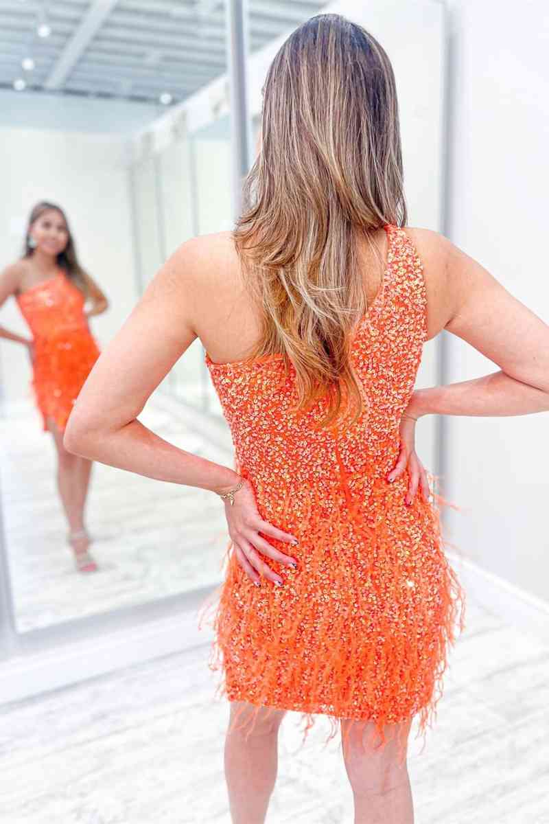 One Shoulder Sequined Orange Short Homecoming Dress with Ferather