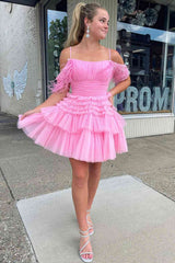 Short A-line Off the Shoulder Tulle Prom Dresses